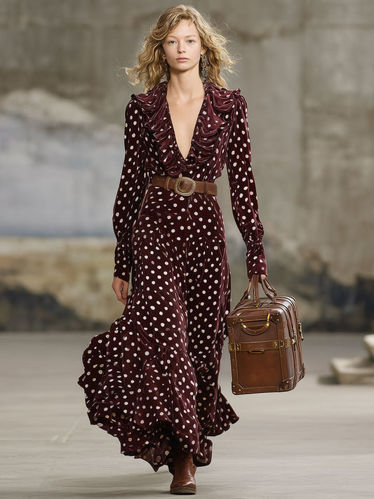 Fashion Retro Wine Red Velvet Polka Dot Print Long Sleeve Ruffled Maxi Dress