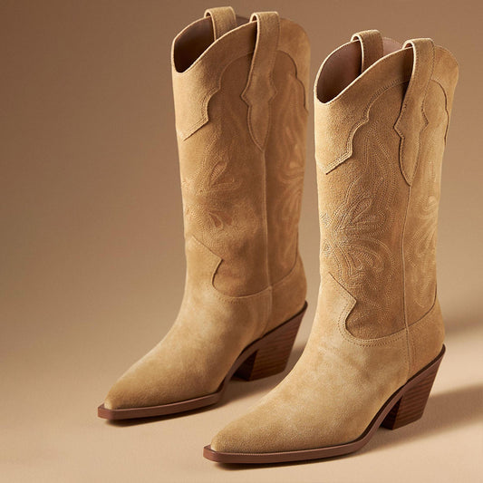 Beige Faux Suede Snip Toe Chunky Heel Mid-Calf Cowgirl Boots
