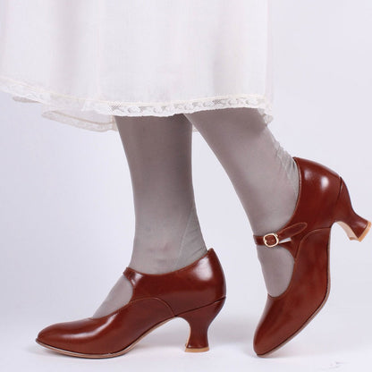 Elegant Faux Leather Brown Round Toe Heeled Mary Janes with Buckle