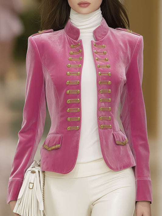 Elegant Pink Velvet Stand Collar Pocket Jacket