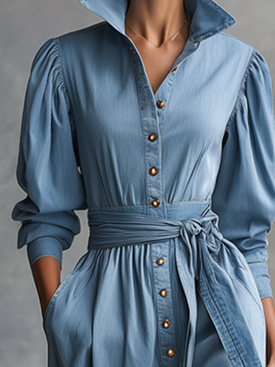 Elegant Light Blue Lapel Button Belt Denim Long Sleeve Maxi Dress
