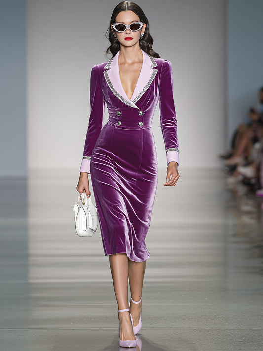 Elegant And Luxurious Double-breasted Pink Lapel Purple Velvet Midi Dress
