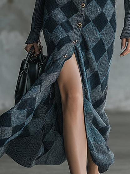 Elegant Grey Diamond Check Button-front Knitted Long-sleeved Maxi Dress