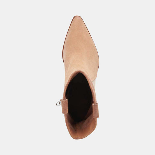 Beige Faux Suede Pointed Toe Chunky Heel Cowgirl Booties