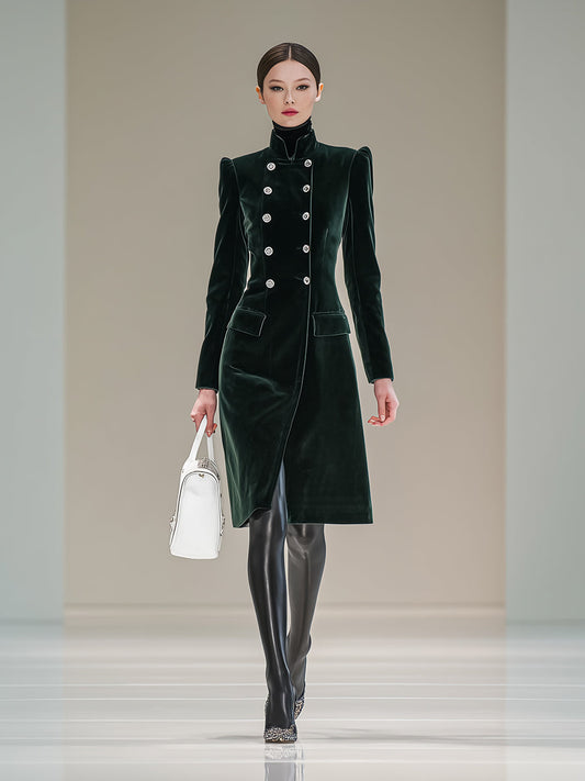 Dark Green Velvet Button-down Mid-length Coat