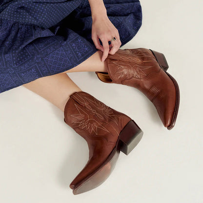 Dark Brown Snip Toe Slip-on Western Cowgirl Booties for Women
