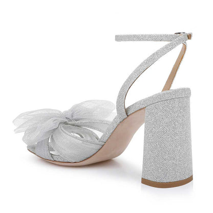 Fabric Sophisticated Mesh Bow Inlay Ankle Strap Silver Sandals