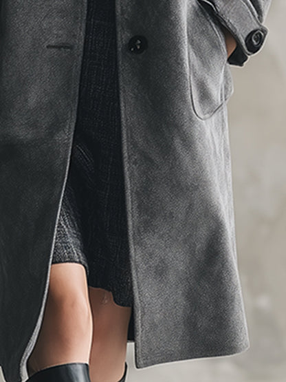 Elegant Dark Grey Stand Collar Button Wool Coat