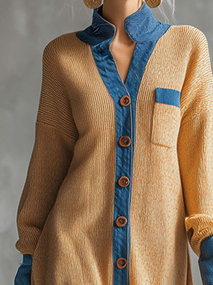 Fashionable Loose Denim Trim Ginger Cardigan-style Knitted Maxi Dress