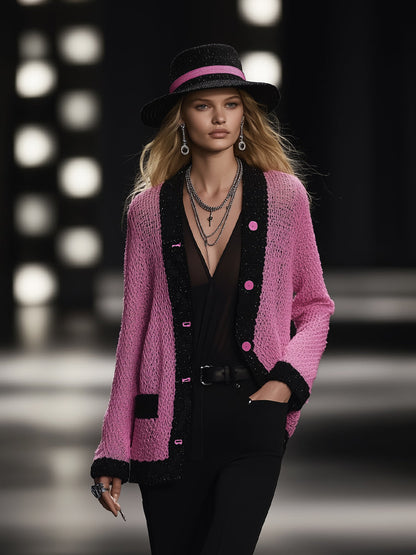 Elegant And Charming Rose Pink Hemmed Button Knitted Cardigan