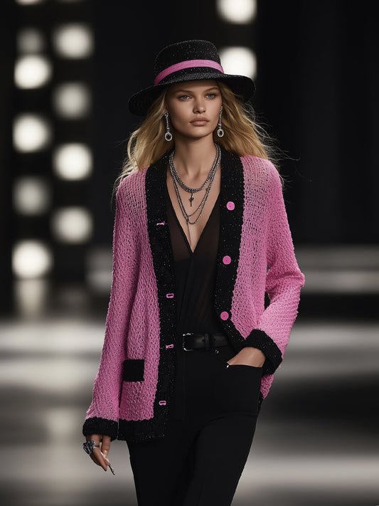 Elegant And Charming Rose Pink Hemmed Button Knitted Cardigan