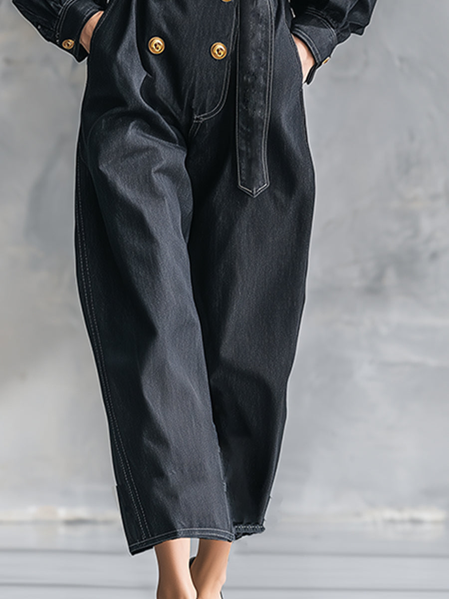 Elegant And Fashionable V-neck Button Belt Black Faux Denim Long-sleeved Jumpsuit