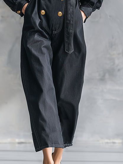 Elegant And Fashionable V-neck Button Belt Black Faux Denim Long-sleeved Jumpsuit