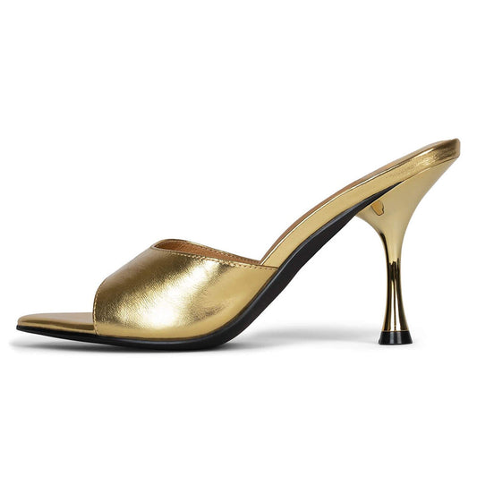 Dull Gold Metallic Round Toe 3'' Flared Heel Wide Band Mules