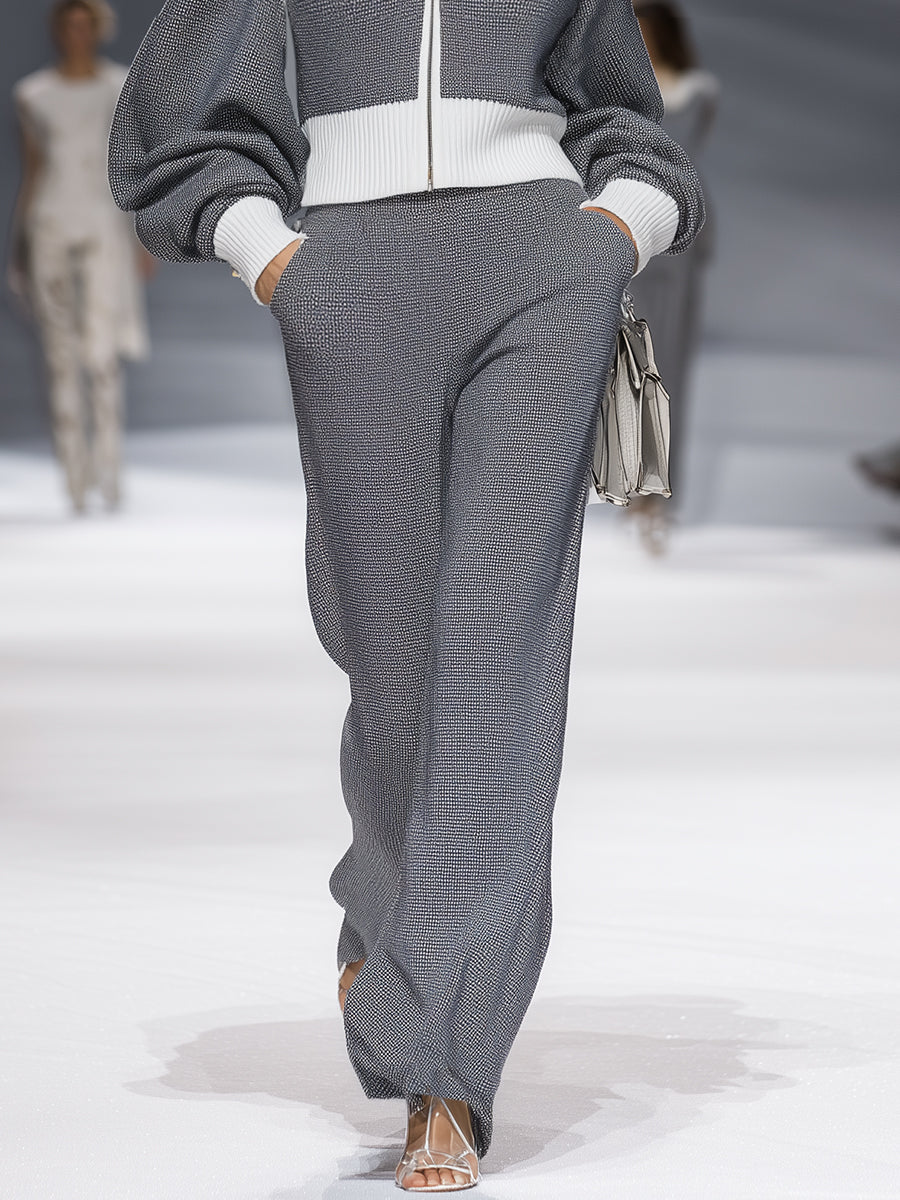 Elegant Casual Gray Stitching White Lapel Knitted Cardigan Trousers Set