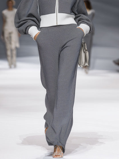 Elegant Casual Gray Stitching White Lapel Knitted Cardigan Trousers Set