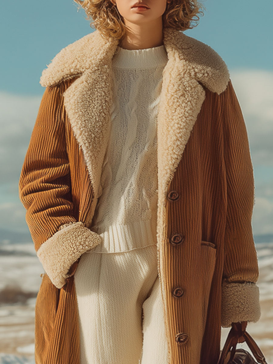 Fashion Retro Camel Corduroy Composite Polar Fleece Coat