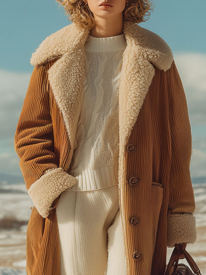 Fashion Retro Camel Corduroy Composite Polar Fleece Coat