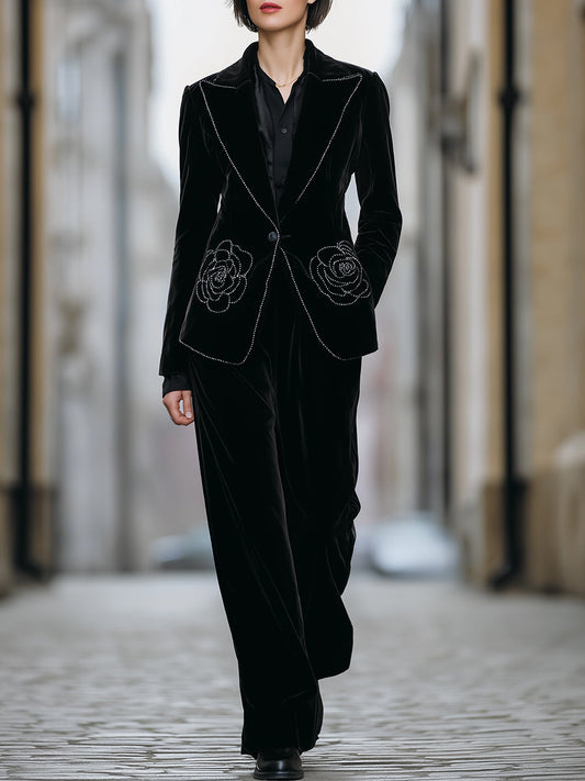 Elegant Velvet Beading Blazer And Wide-Leg Pants Set