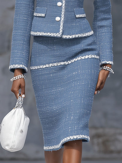Elegant Single-breasted Blazer And Skirt Tweed Two-piece Suit