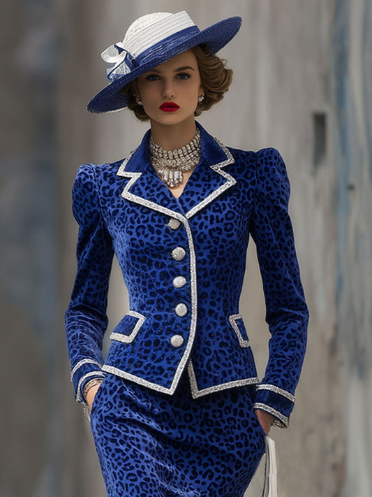 Elegant Lapel Single-breasted Suit And Skirt Leopard Velvet Two-piece Suit