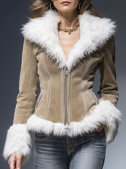 Fashion Vintage Plush Trim Khaki Faux Suede Zipper Jacket