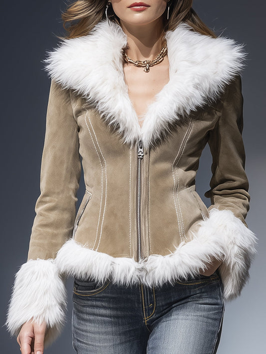 Fashion Vintage Plush Trim Khaki Faux Suede Zipper Jacket