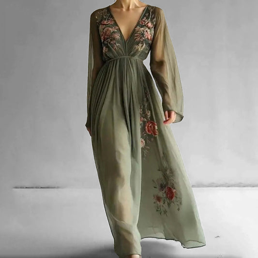 Elegant Floral Print Deep V Neck Long Sleeve Maxi Dress