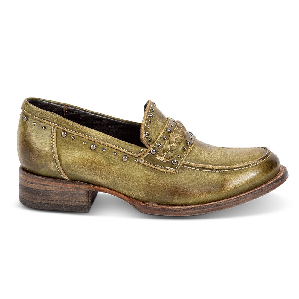 Distressed Olive Green Round Toe Block Heel Studded Women's Loafers