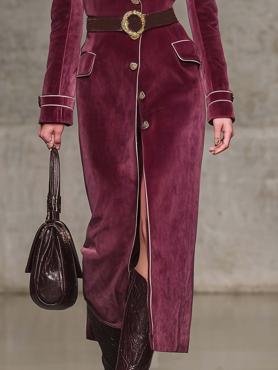 Exquisite Vintage Western Notch Lapel White Trim Front Button Raspberry Red Velvet Coat