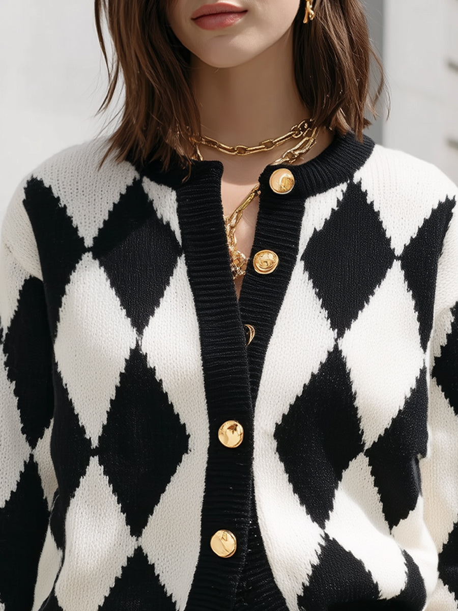 Argyle Button-Up Knit Cardigan With Gold Detailing