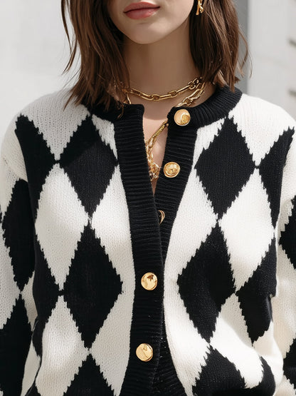 Argyle Button-Up Knit Cardigan With Gold Detailing