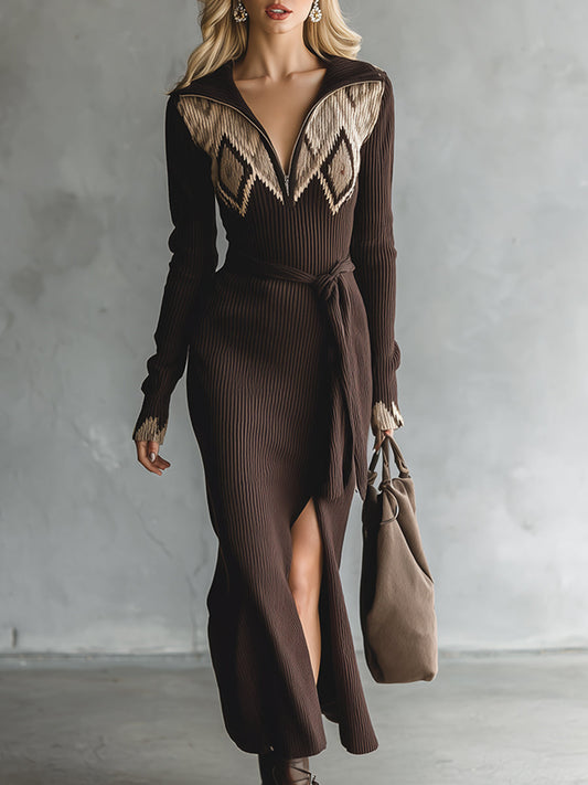 Elegant Retro Lapel Mocha Brown Pattern Knitted Belt Long Sleeve Maxi Dress