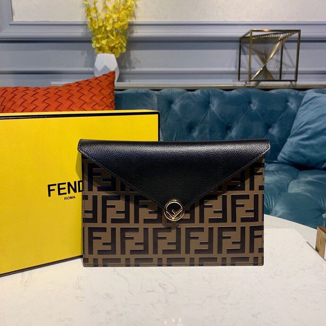 FI FF Embossed Envelope Wallet 9.4in/24cm Brown/Black For Women