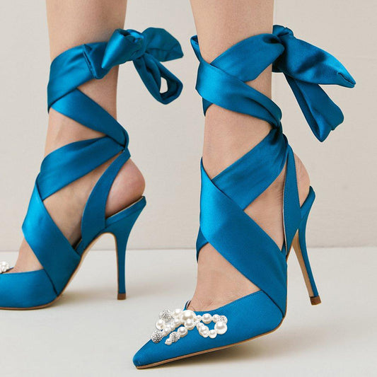 Elegant Pointed Toe Prom Heels Pearl Bow Decorated Lace Up Blue Pumps