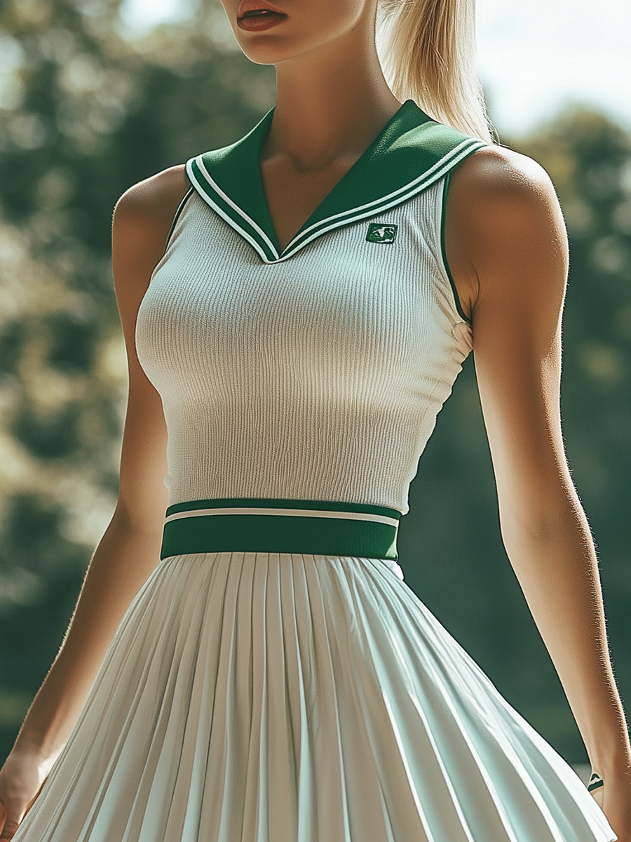 Fashionable Preppy Style White And Green Contrast Striped Sleeveless Mini Dress