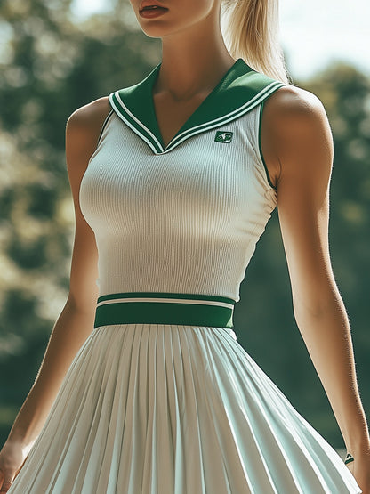 Fashionable Preppy Style White And Green Contrast Striped Sleeveless Mini Dress