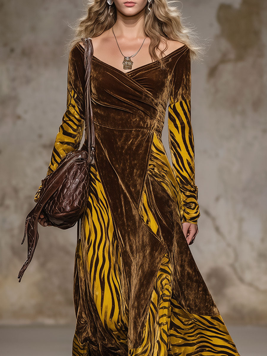 Fashion Retro Tiger Print Cocoa Brown Velvet Long Sleeve Maxi Dress