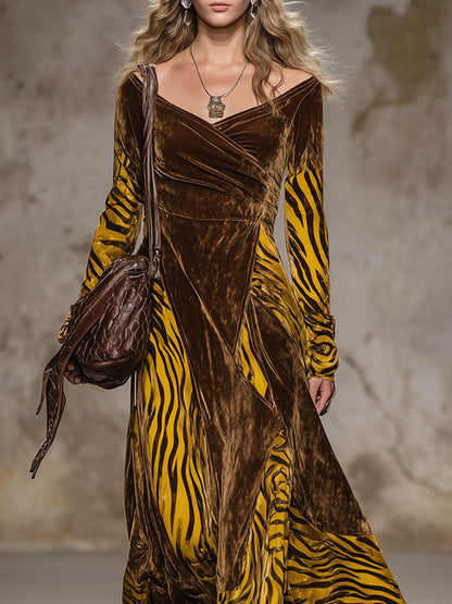 Fashion Retro Tiger Print Cocoa Brown Velvet Long Sleeve Maxi Dress