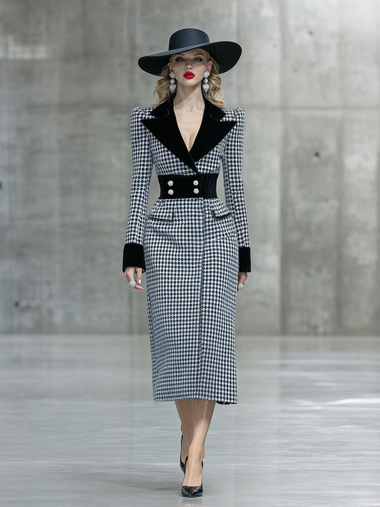 Fashionable And Elegant Black Velvet Collar Houndstooth Midi Dress