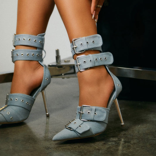 Denim Blue Pointy Toe 4'' Metallic Heel Buckle Studded Strappy Pumps