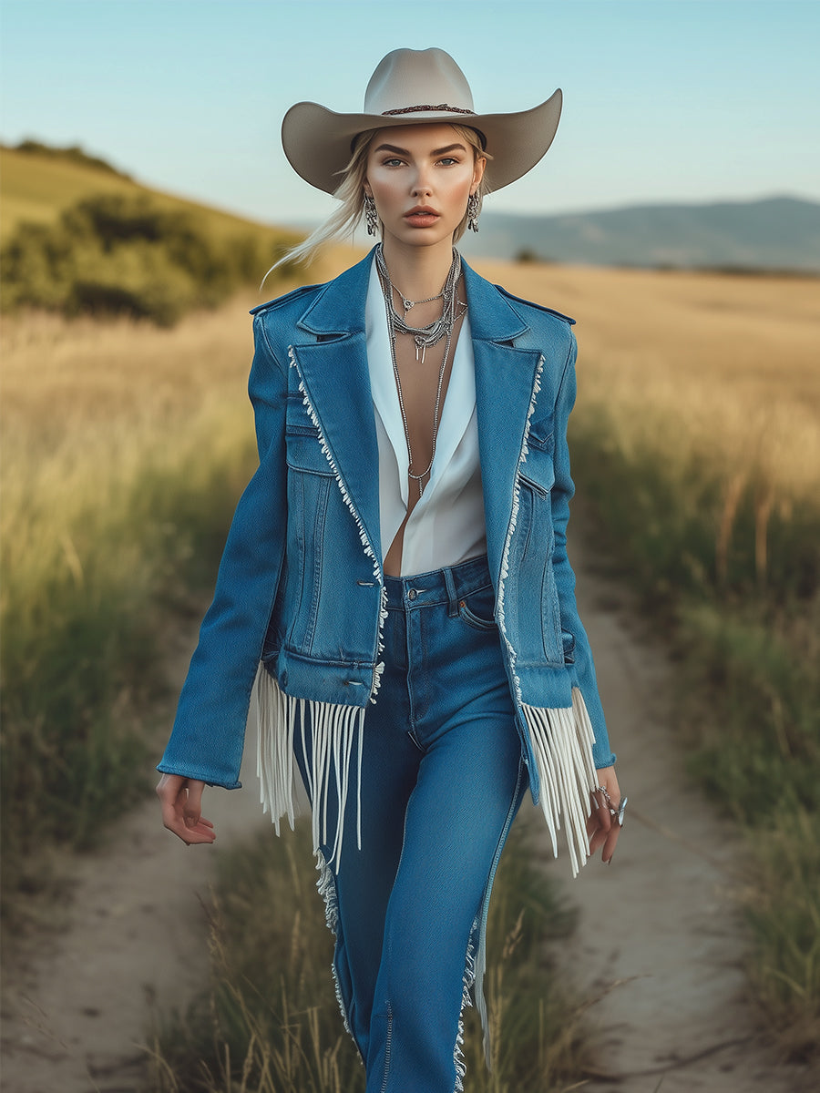 Fashion Retro Blue Denim Lapel Tassel Casual Jacket