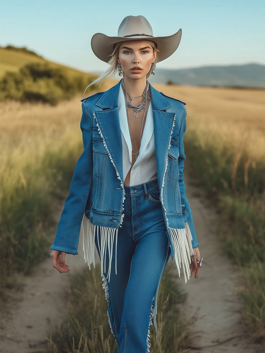 Fashion Retro Blue Denim Lapel Tassel Casual Jacket