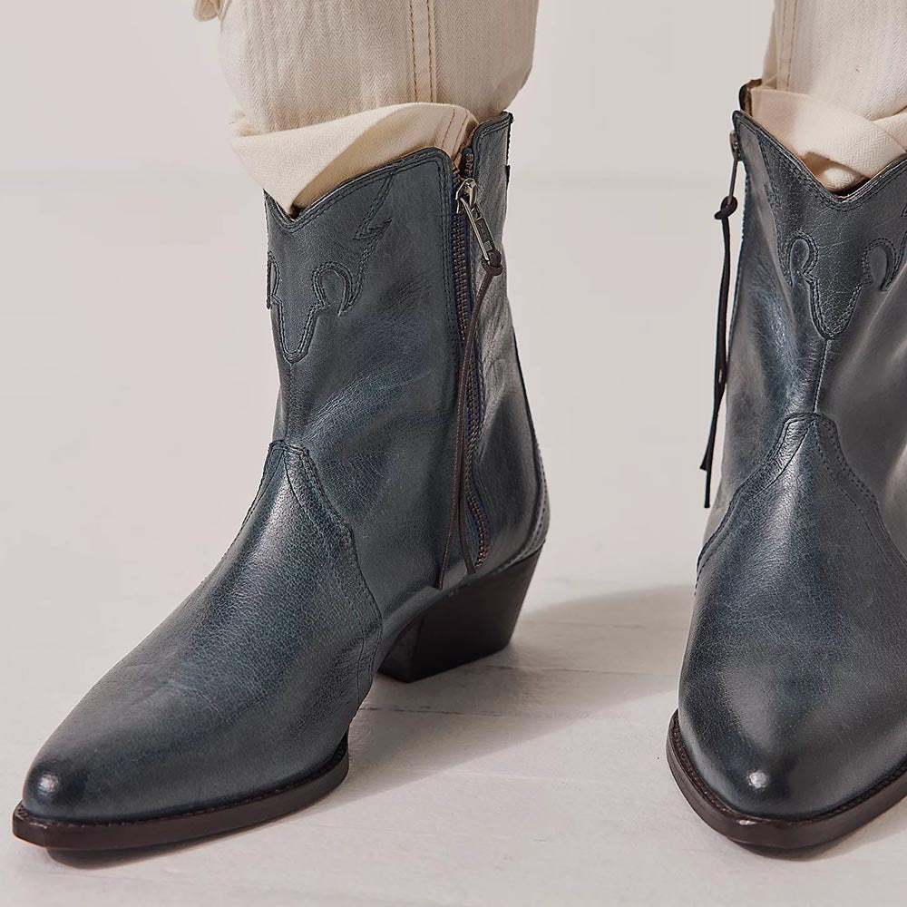 Fashion Navy Pointed Toe Zipper Ankle Boots with Chunky Heel