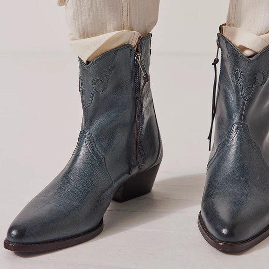 Fashion Navy Pointed Toe Zipper Ankle Boots with Chunky Heel