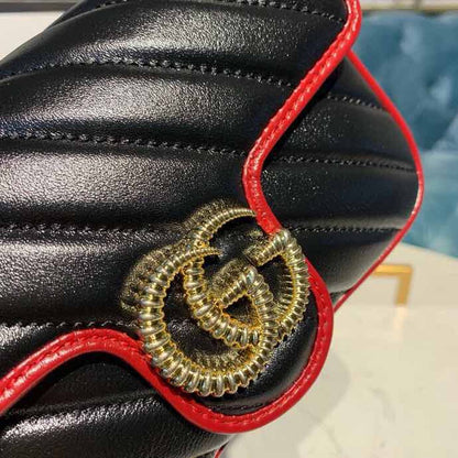 gg Marmont Diagonal Matelass Shoulder Bag Black Red For Women 10in/26cm gg 443497