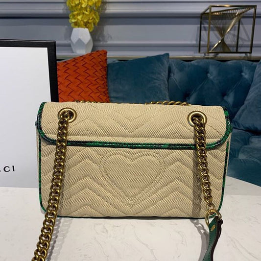 gg Marmont Raffia Straw Shoulder Bag Beige/Green gg Chevron Matelassé Raffia Effect Fabric For Women 10in/26cm gg  ‎443497