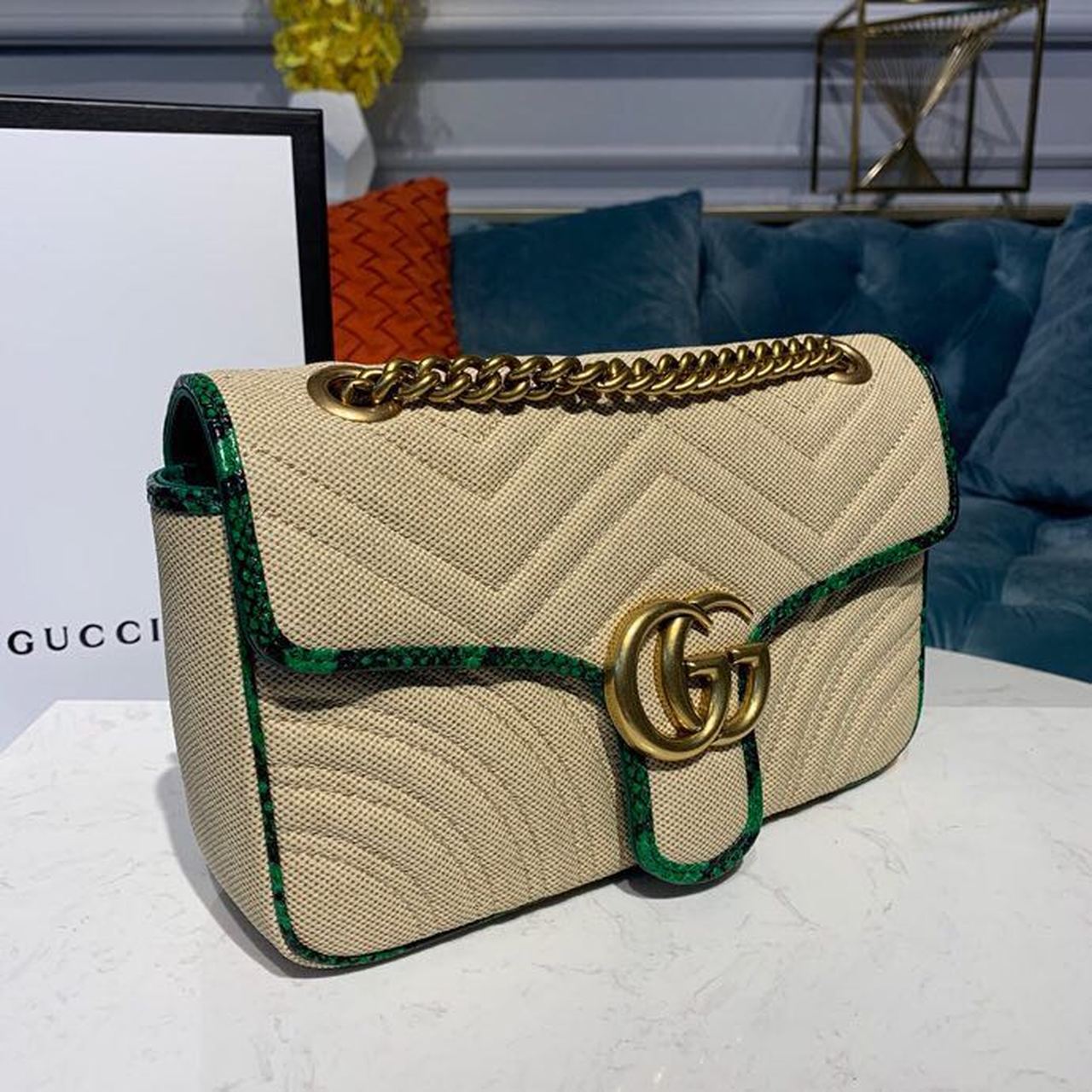 gg Marmont Raffia Straw Shoulder Bag Beige/Green gg Chevron Matelassé Raffia Effect Fabric For Women 10in/26cm gg  ‎443497