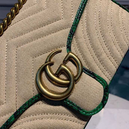 gg Marmont Raffia Straw Shoulder Bag Beige/Green gg Chevron Matelassé Raffia Effect Fabric For Women 10in/26cm gg  ‎443497