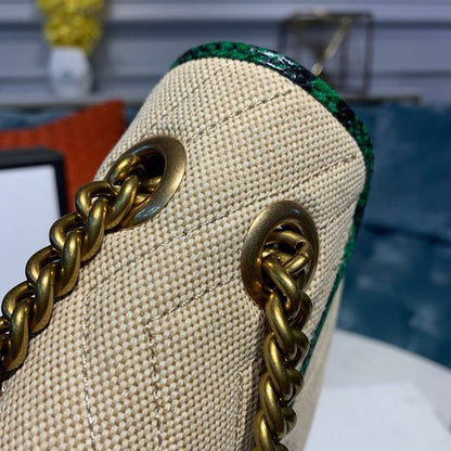 gg Marmont Raffia Straw Shoulder Bag Beige/Green gg Chevron Matelassé Raffia Effect Fabric For Women 10in/26cm gg  ‎443497